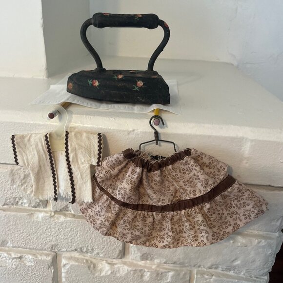 Vintage Doll Outfit Skirt & Jacket Vest & Farmer Hat w/ Flowers Beige & Brown - Picture 11 of 11